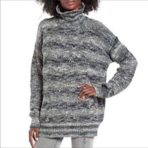 Leith Gray Marled Chunky Oversized Marled Stripe Turtleneck Knit